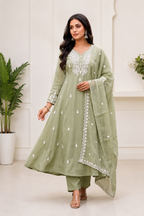 Pista Green Pure Mul Chanderi Embroidered A-Line Suit Set with Dupatta