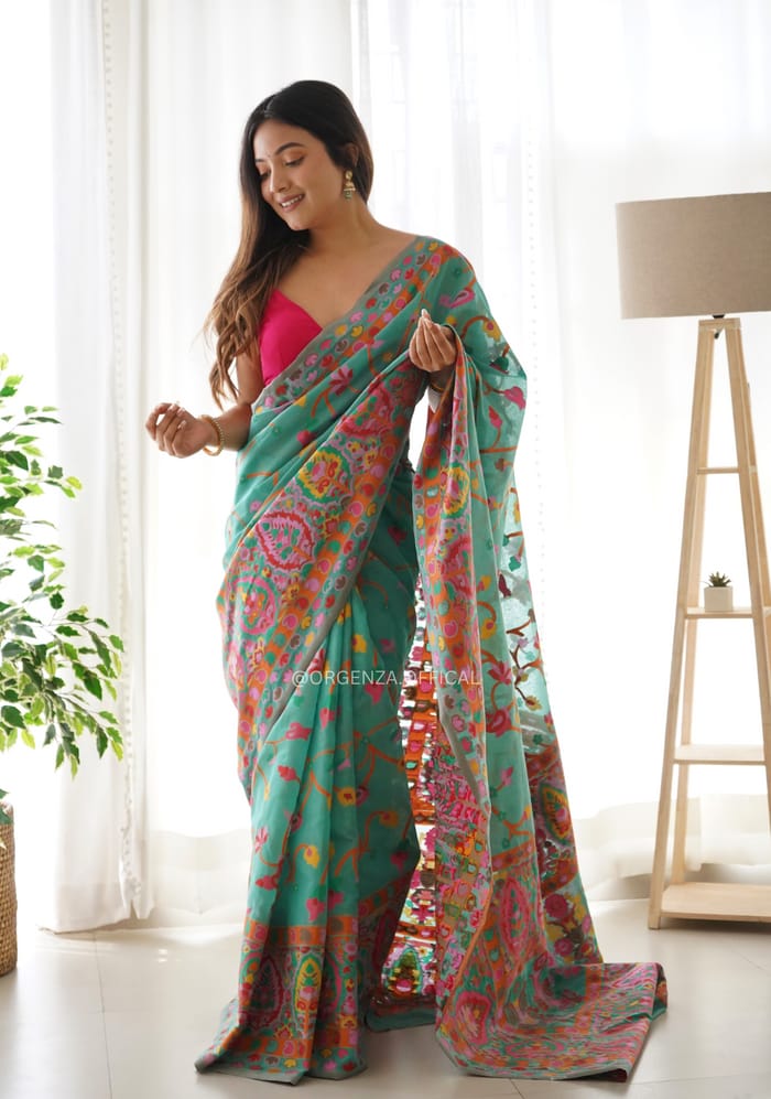 Women's Designer Pure Soft Kashmiri Pasmina Kachi Work Saree