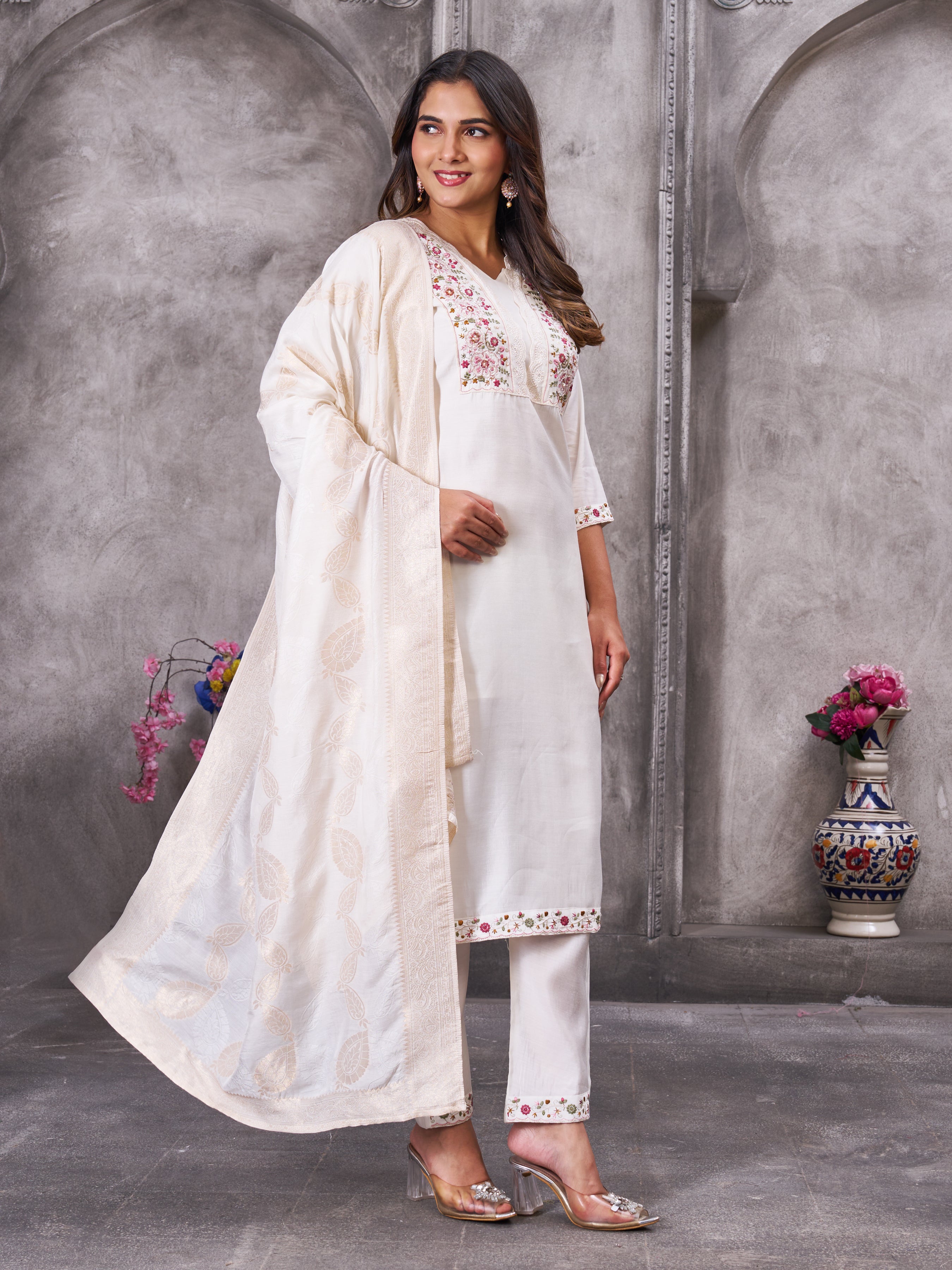 Off White Roman Silk Embroidered Kurti Pant Dupatta Set