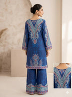 Designer Royal Blue Printed Crepe Silk Co-ord Set With Yoke Tassels