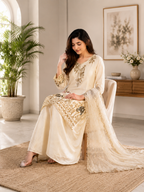 Very Beautiful Cream Fendy Silk Suit Set with Peacock Sequins Embroidery