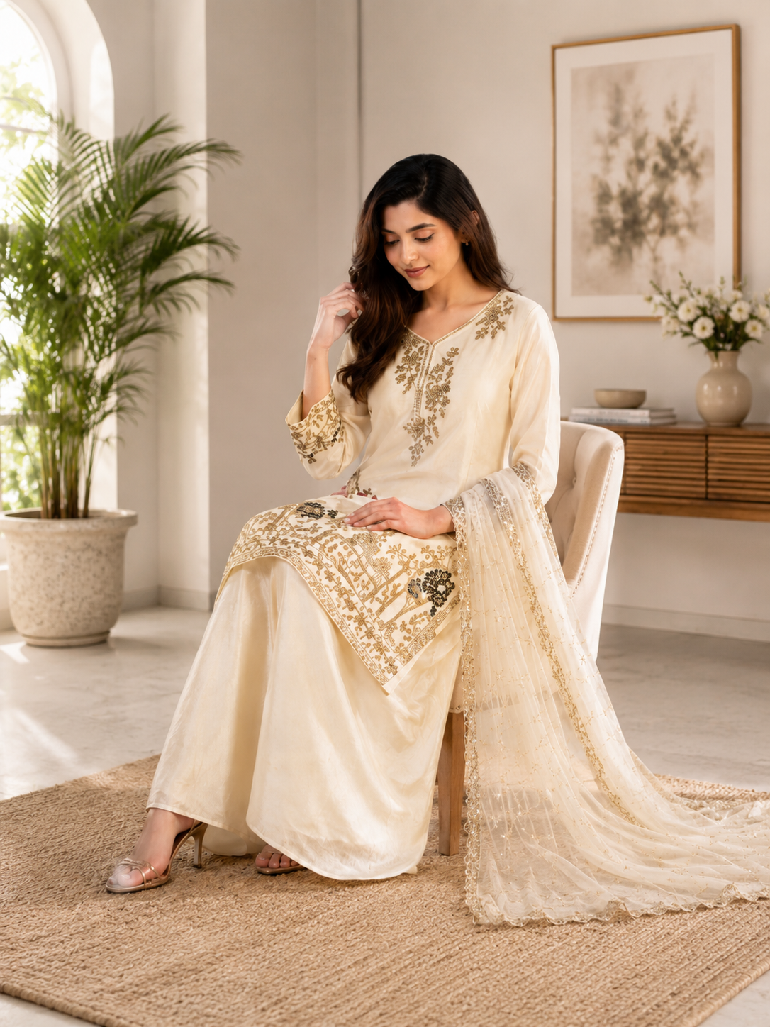 Very Beautiful Cream Fendy Silk Suit Set with Peacock Sequins Embroidery