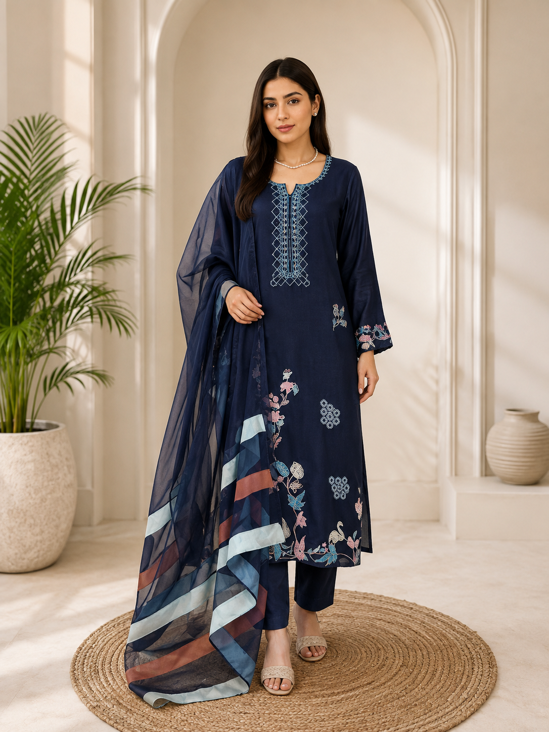 Navy Blue Floral Thread Work Jura Silk Kaftan-Style Kurta Set