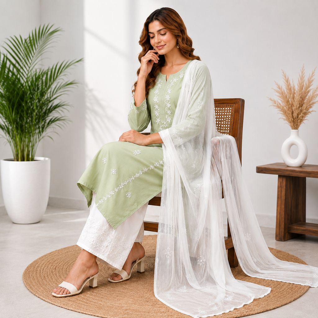 Elegant Sage Green Rayon Embroidered Suit Set With Dupatta