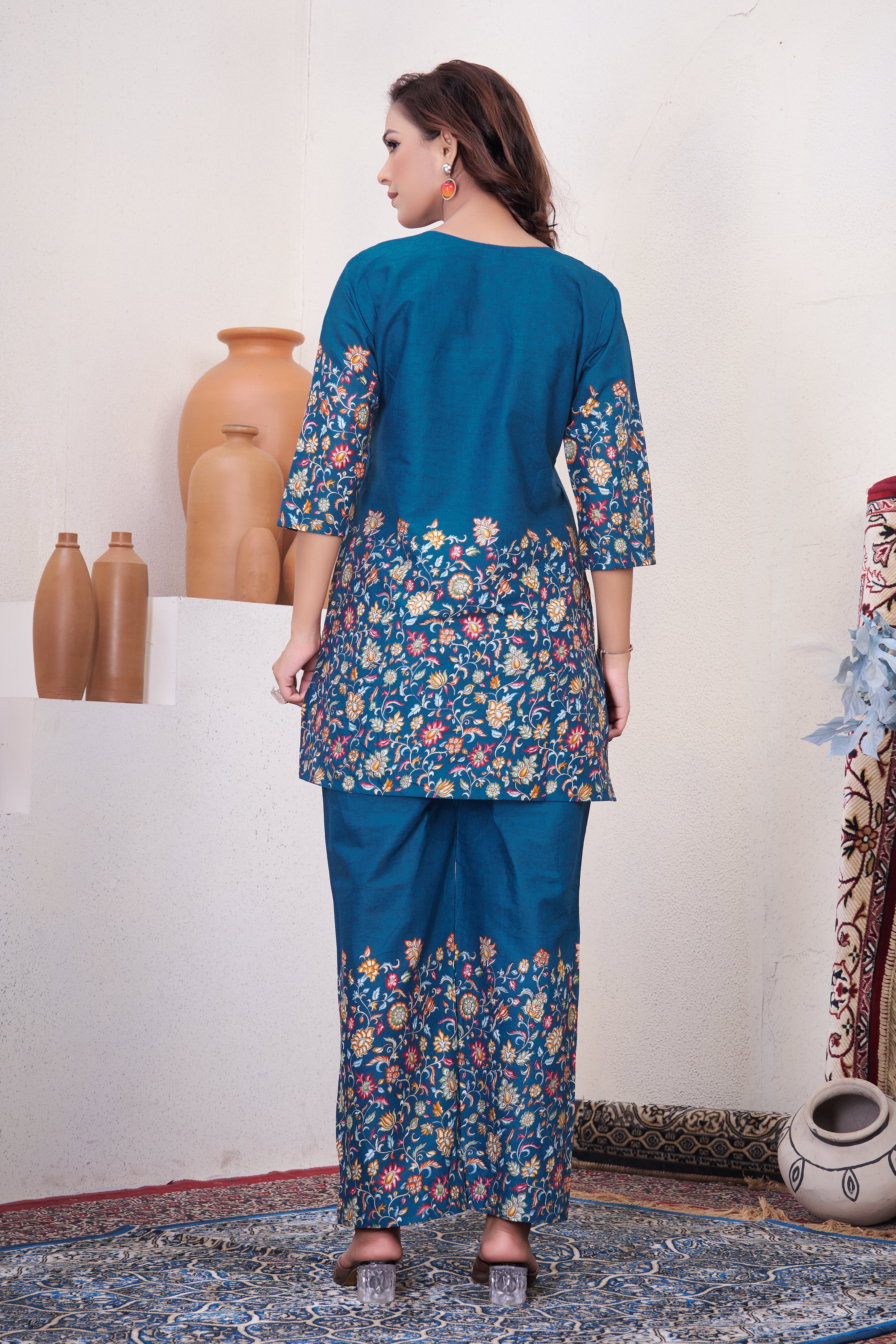 Elegant Teal Blue Designer Pure Cotton Co-ord Set