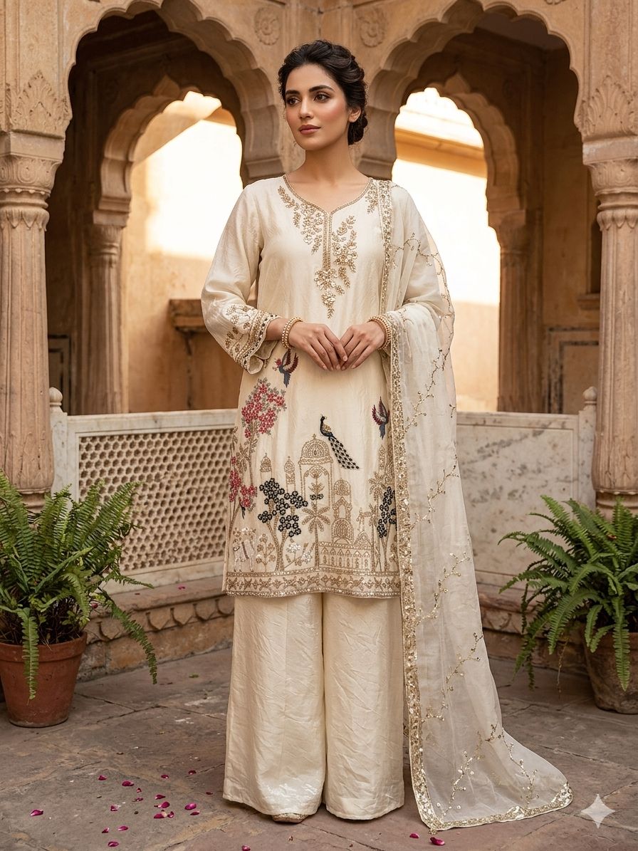 Very Beautiful Cream Fendy Silk Suit Set with Peacock Sequins Embroidery