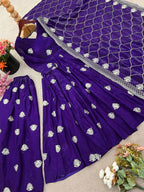 Royal Purple Fendy Silk Embroidered Anarkali Gown Set with Palazzo and Dupatta