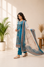 Elegant Teal Blue Chinon Printed Suit Set with Real Mirror Work