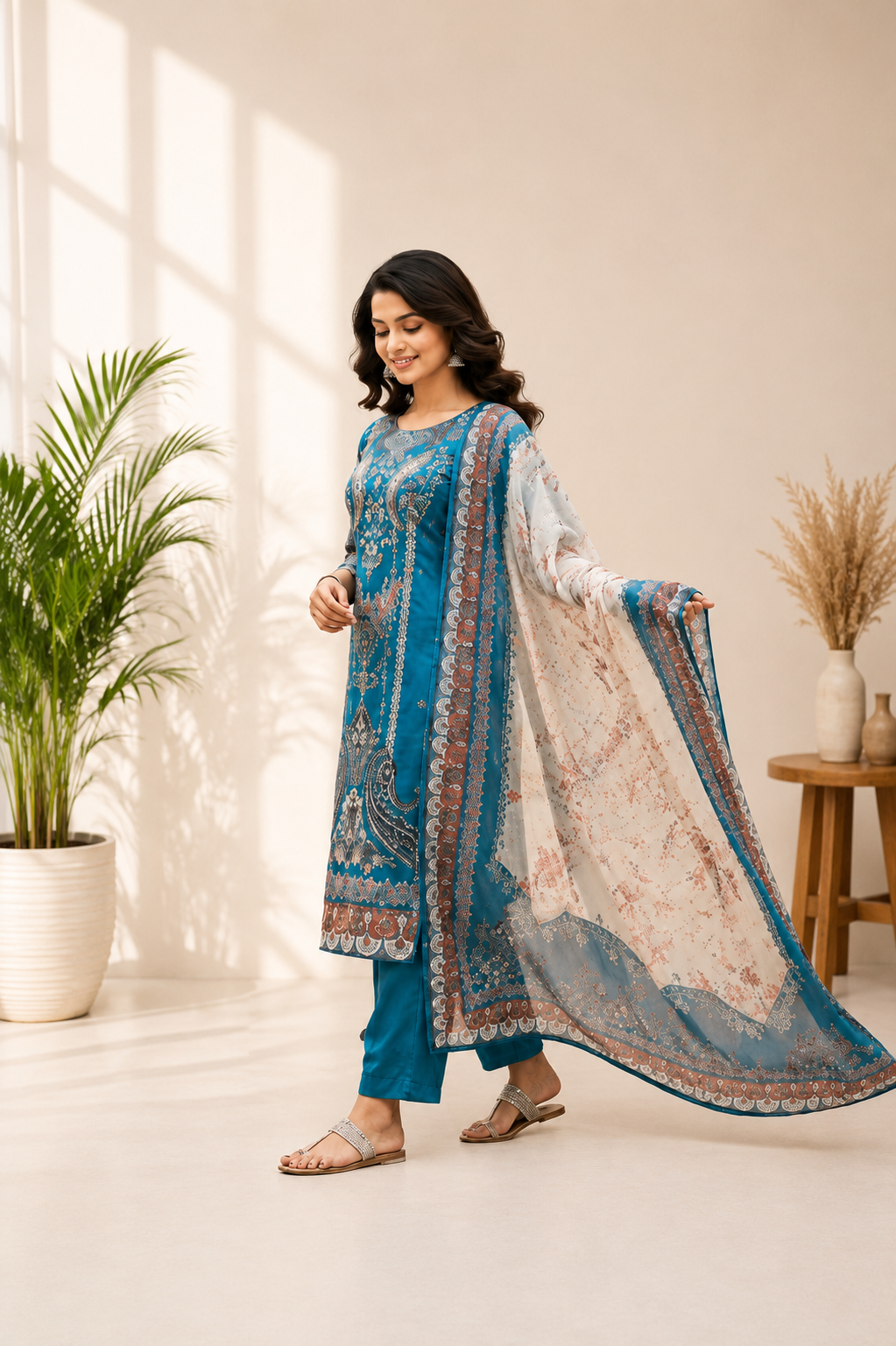 Elegant Teal Blue Chinon Printed Suit Set with Real Mirror Work