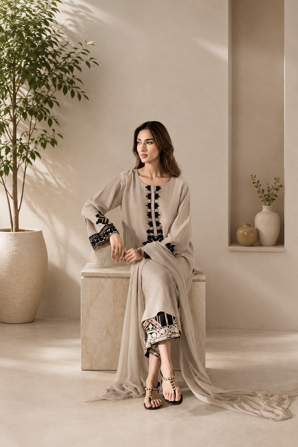 Elegant Beige Rayon Satin Thread Work Kurta Palazzo Set