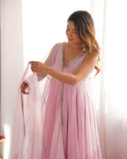 Blush Pink Faux Georgette Embroidered Anarkali Suit Set with Mirror Work Neckline