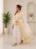 Pure Khadi Cotton Multi-Thread Embroidered Kurta Pant Set with Dupatta