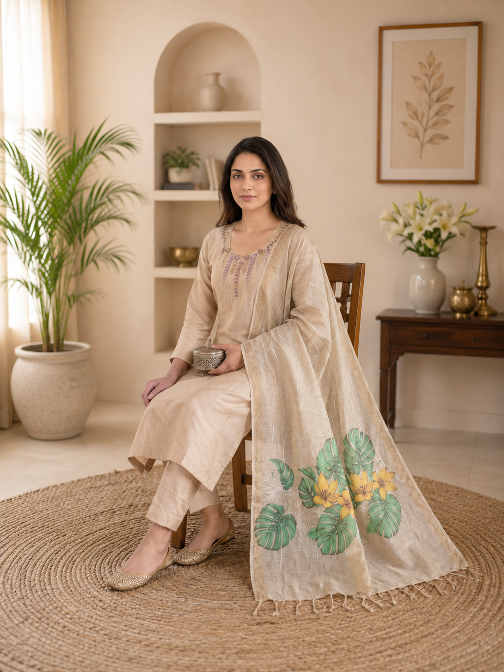 Elegant Beige Hand Work Premium Mul Chanderi Suit Set With Floral Dupatta