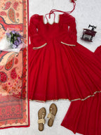 Premium Red Tabby Silk Anarkali Suit With Printed Dupatta