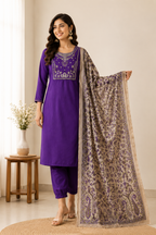 Premium Roman Silk Embroidered Suit Set with Kalamkari Dupatta