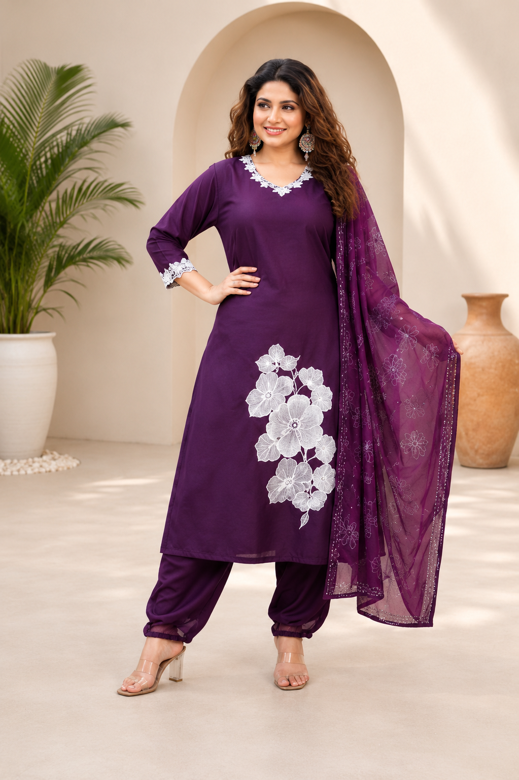 Very Attractive Royal Purple Floral Embroidered Cotton Suit Set