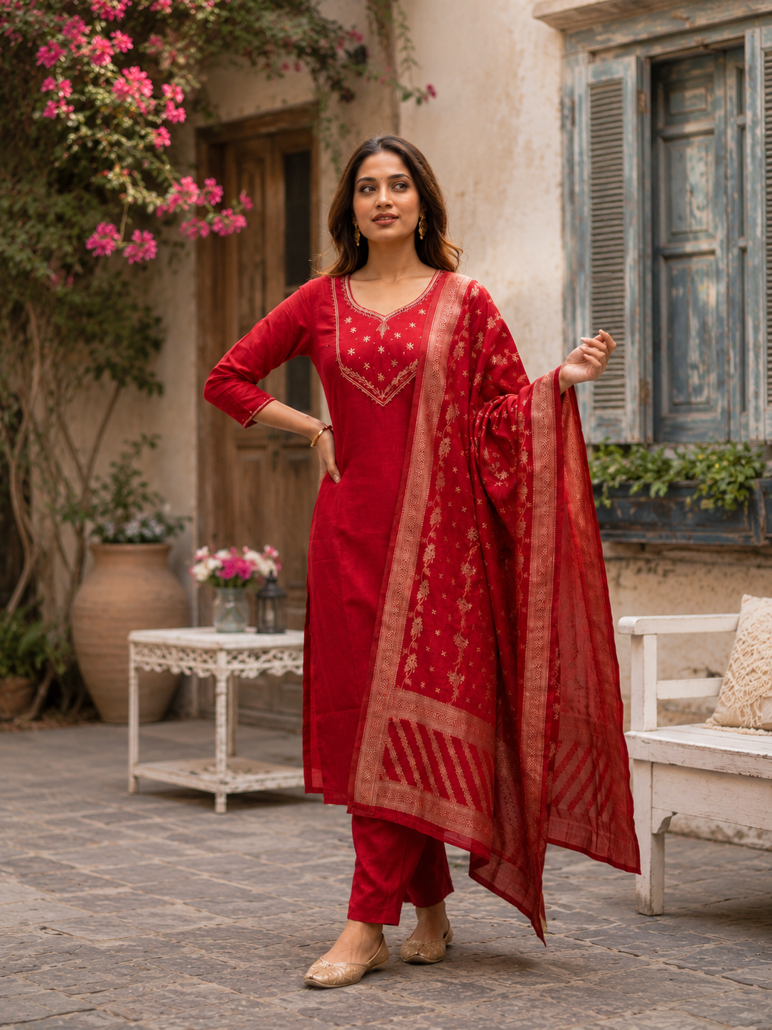 Elegant Handwork Mul Chanderi Suit Set With Jacquard Dupatta