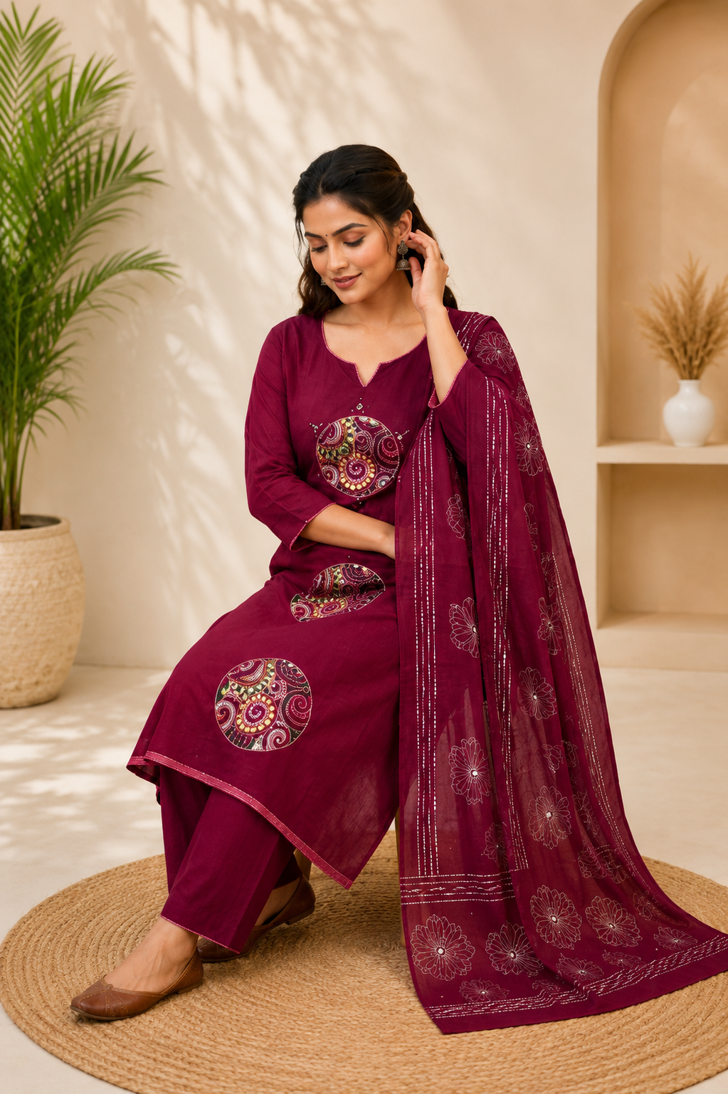 Wine Pure Cotton Embroidery Kurta Pant Set With Mandala Patchwork