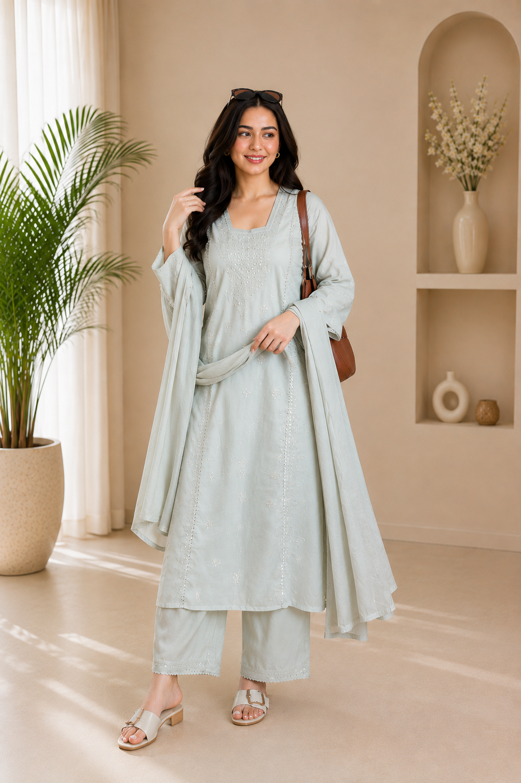 Catchy Light Sage Roman Silk Embroidered Suit Set