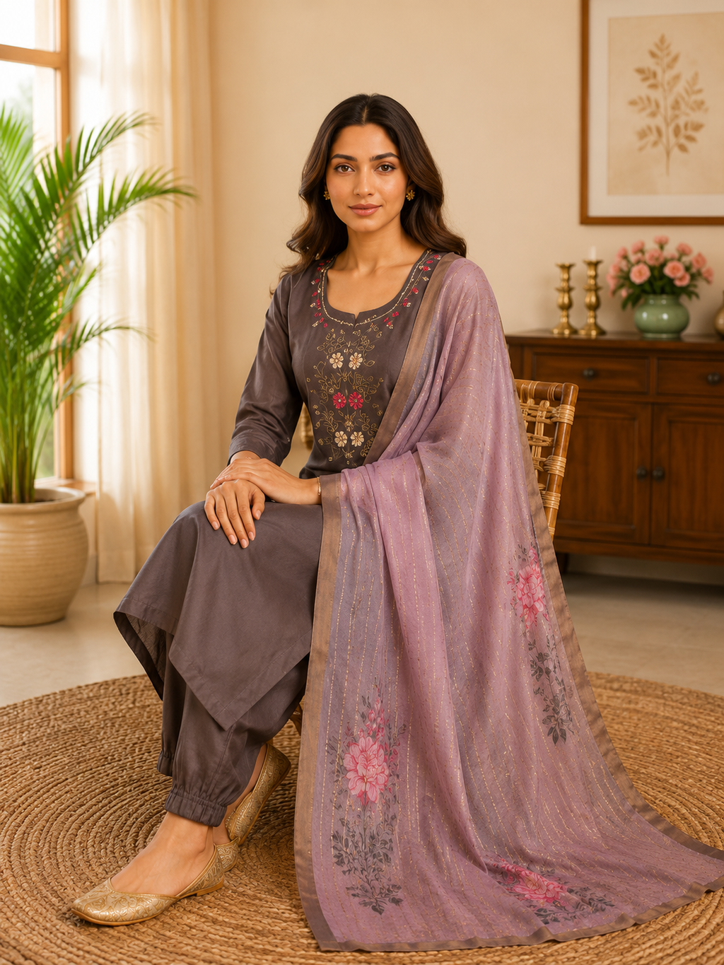 Brown Premium Mul Chanderi Hand Work Suit Set With Floral Dupatta