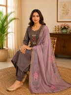 Brown Premium Mul Chanderi Hand Work Suit Set With Floral Dupatta