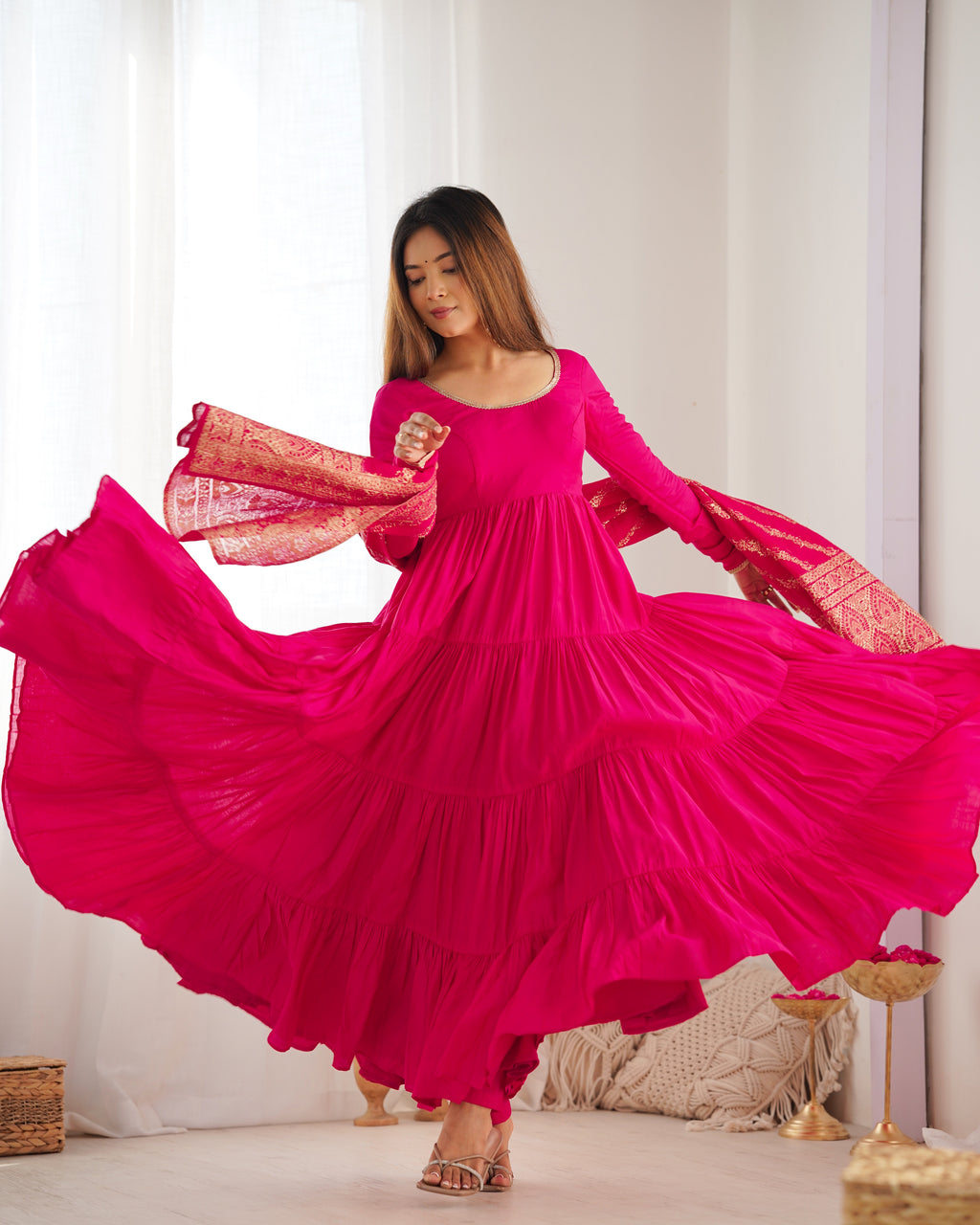 Pink Roman Silk Anarkali Suit Set with Woven Banarasi Dupatta