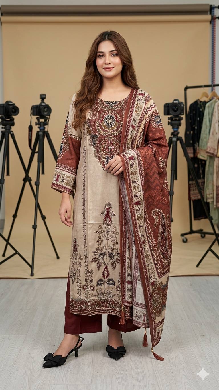 Very Attractive Beige and Maroon Printed Chinon Suit Set With Mirror Work