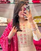 Elegant Cream Roman Silk Embroidered Suit Set with Banarasi Dupatta