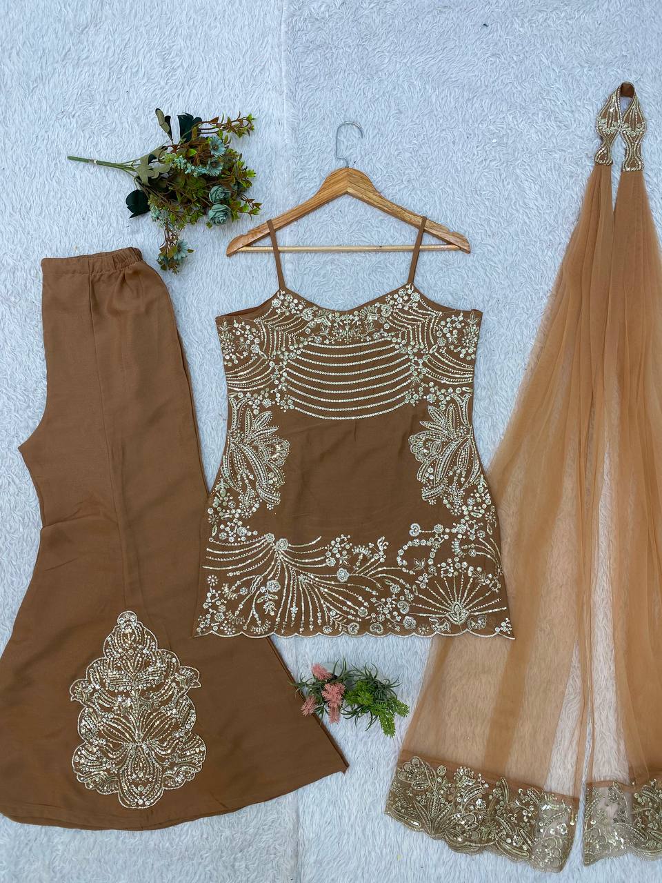 Elegant Brown Sequin Embroidery Coss Moss Sharara Suit Set