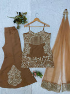 Elegant Brown Sequin Embroidery Coss Moss Sharara Suit Set
