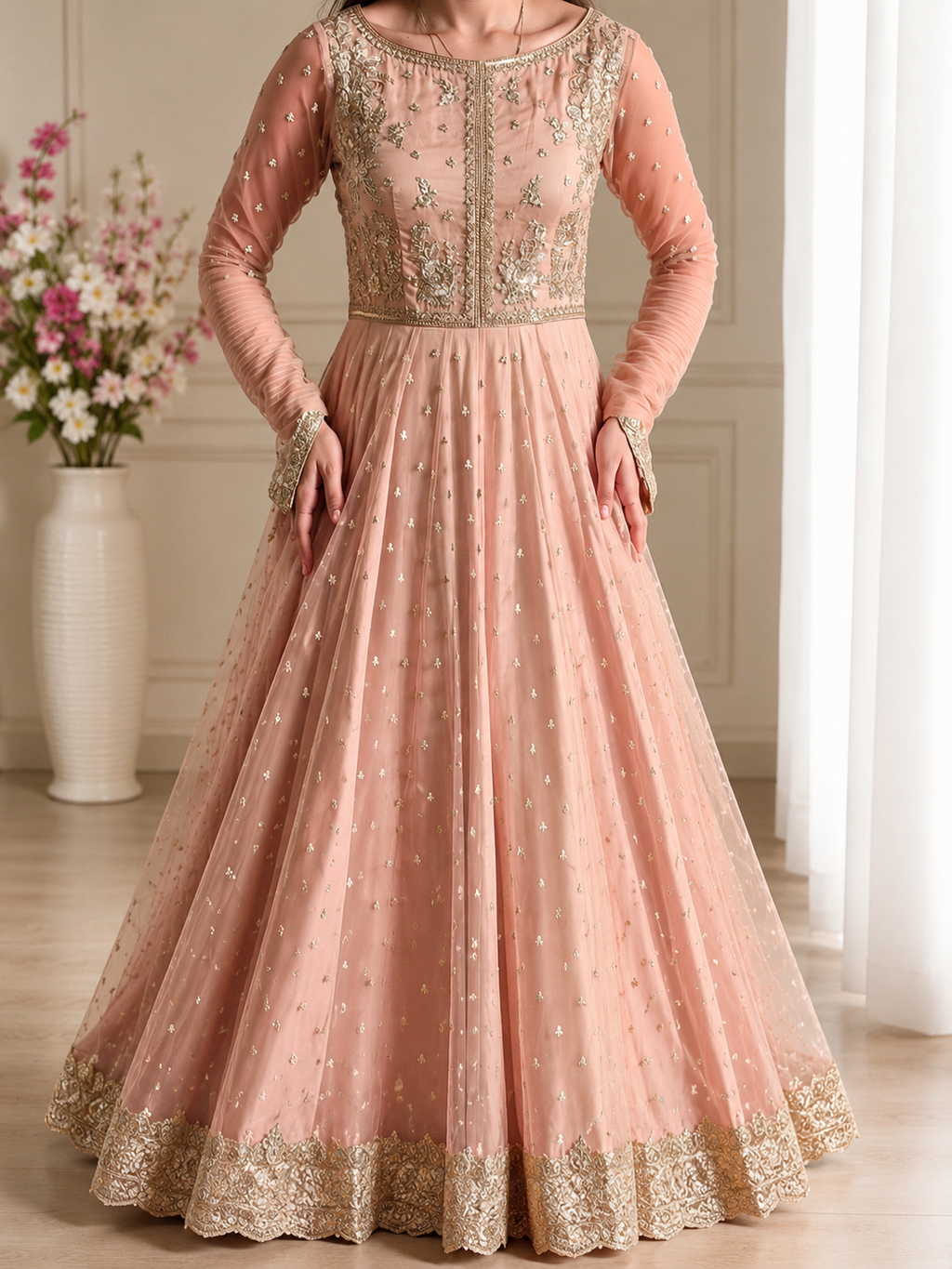 Peach Faux Georgette Thread and Sequence Anarkali Suit Set