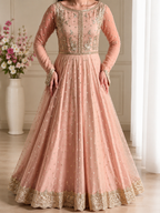 Peach Faux Georgette Thread and Sequence Anarkali Suit Set