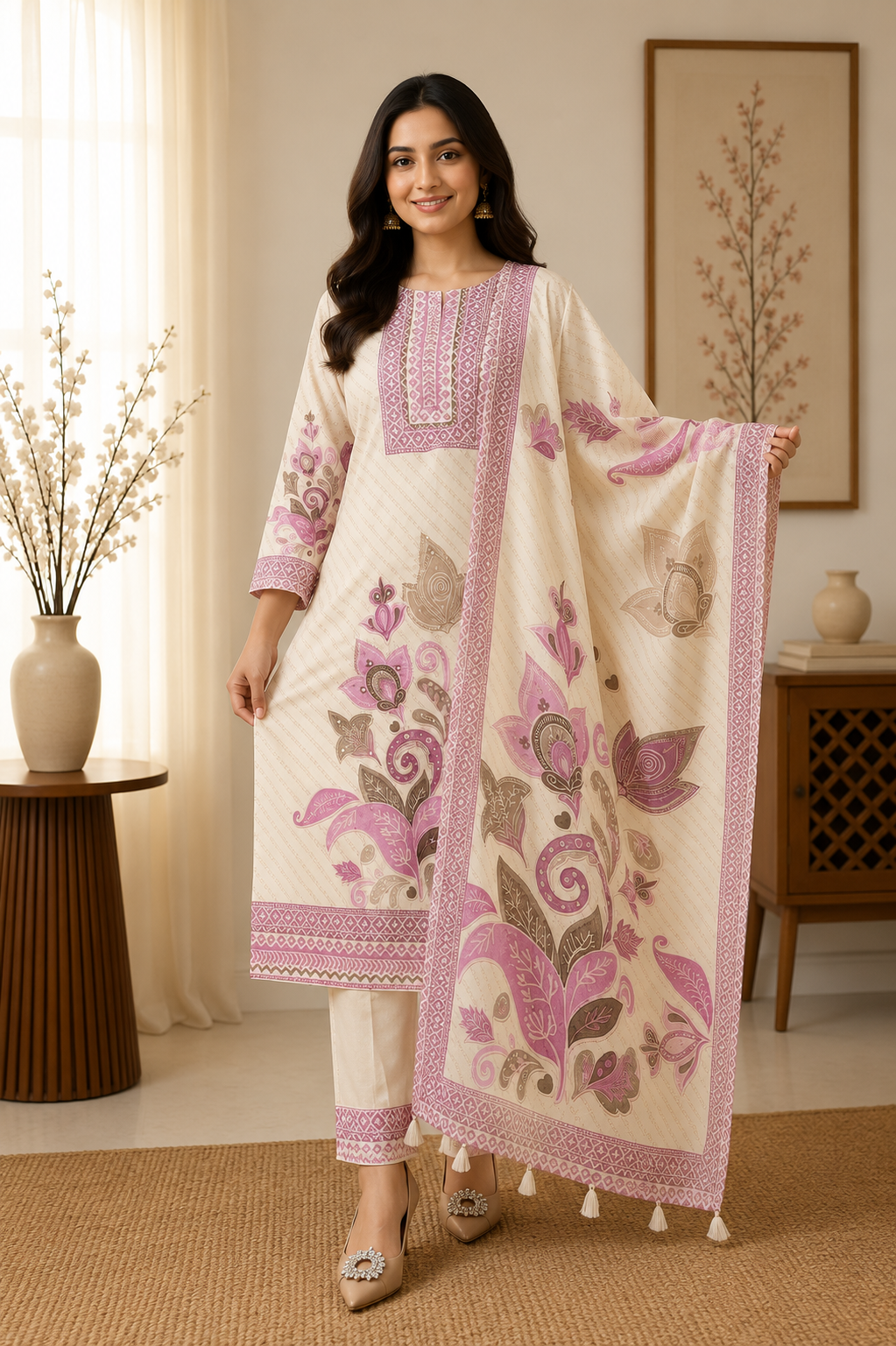 Very Attractive Pure Soft Raspberry Silk Suit Set with Floral Prints and Tassels