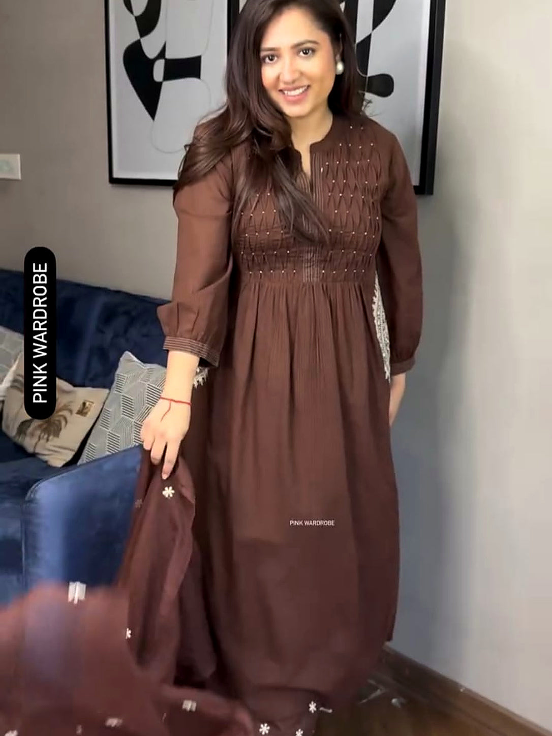 Elegant Brown A-Line Handwork Pure Cotton Suit Set
