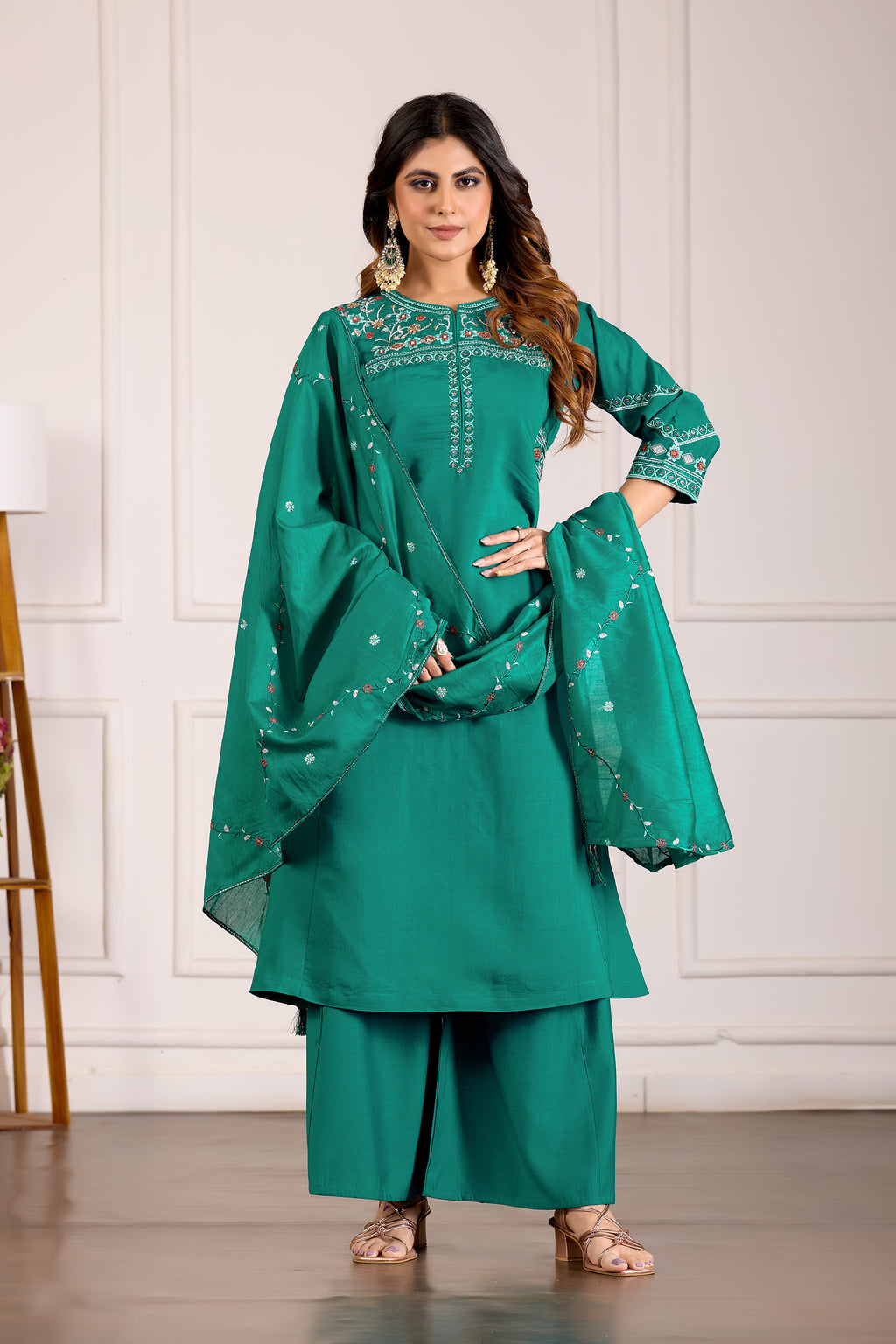 Designer Rama Green Viscose Mango Silk Anarkali Kurti Set