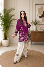 Very Attractive Magenta Floral Embroidered French Crepe Tunic Set
