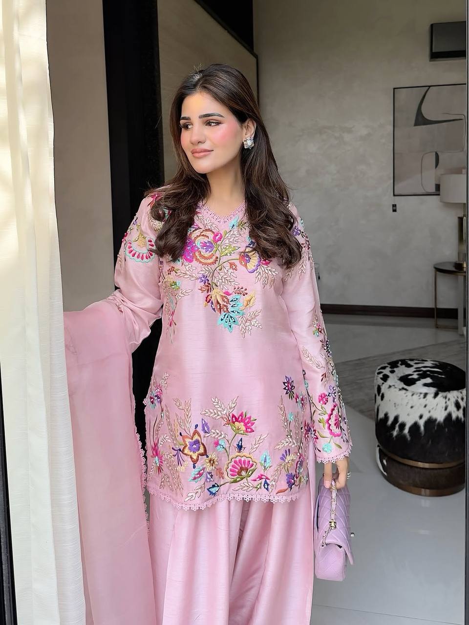 Beautiful Modern Pink Embroidered Crape Silk Suit Set with Organza Dupatta