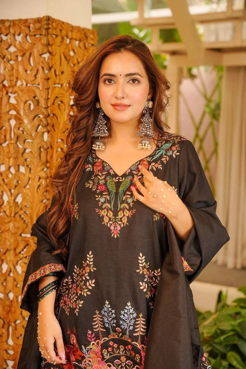 Very Attractive Jet Black Roman Silk Printed Salwar Suit Set