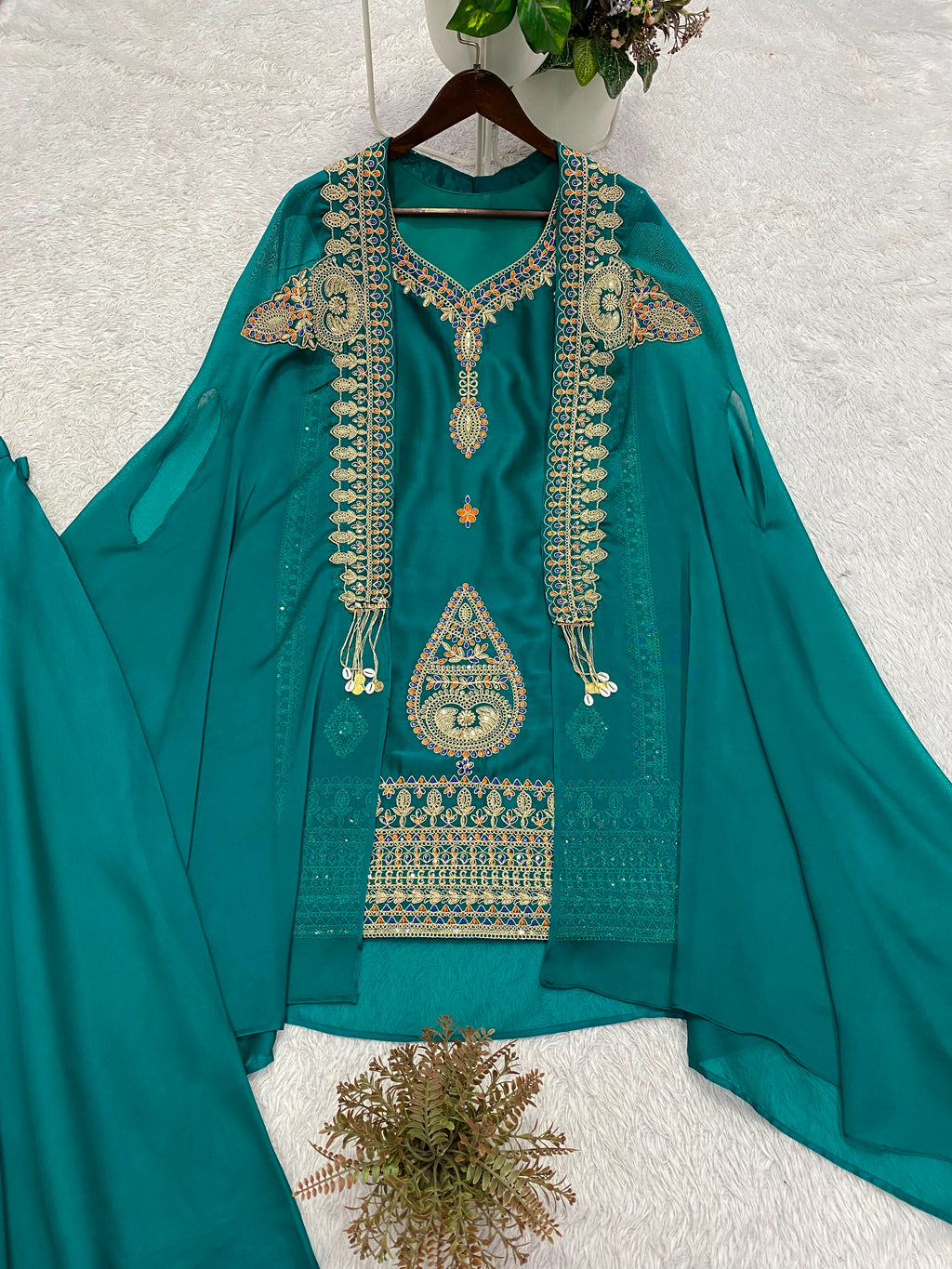 Emerald Green Rangoli Silk Indo-Western Set with Sequins Embroidered Cape Shrug