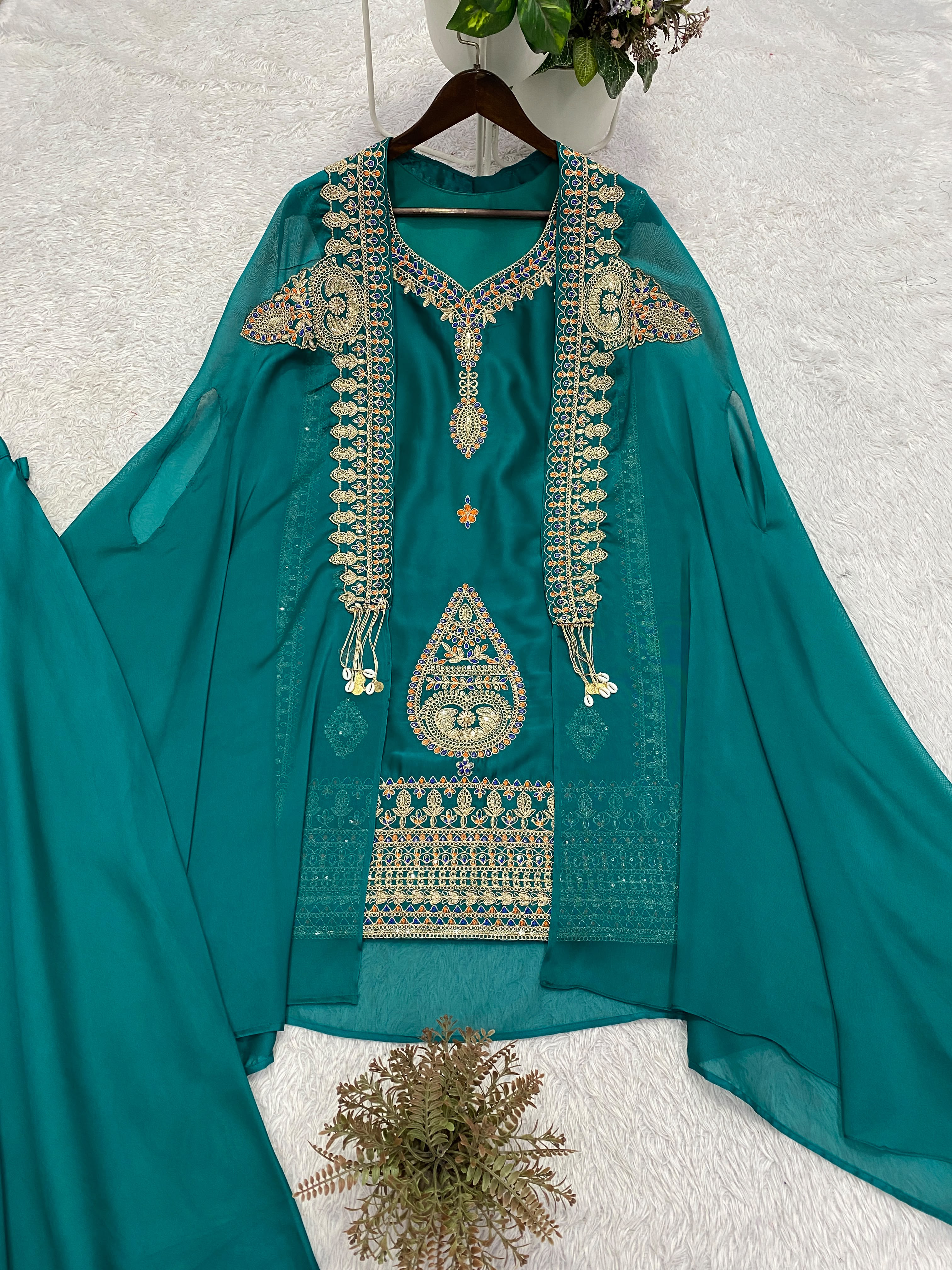Emerald Green Rangoli Silk Indo-Western Set with Sequins Embroidered Cape Shrug