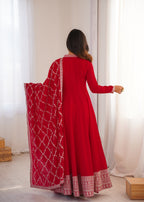 Cherry Red Luxury Festive Anarkali gown Suit with Intricate Silver Embroidery