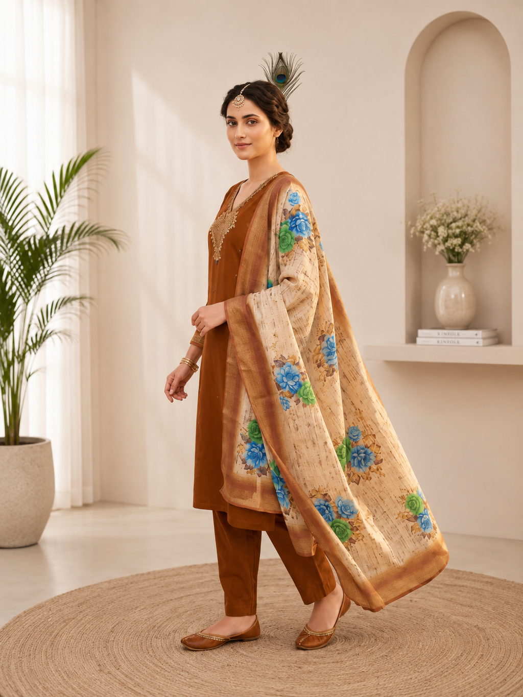 Very Attractive Brown Hand Embroidered Mul Chanderi Ethnic Suit Set