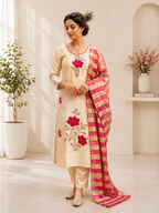 Elegant Beige Premium Roman Silk Beads Embroidered Suit Set
