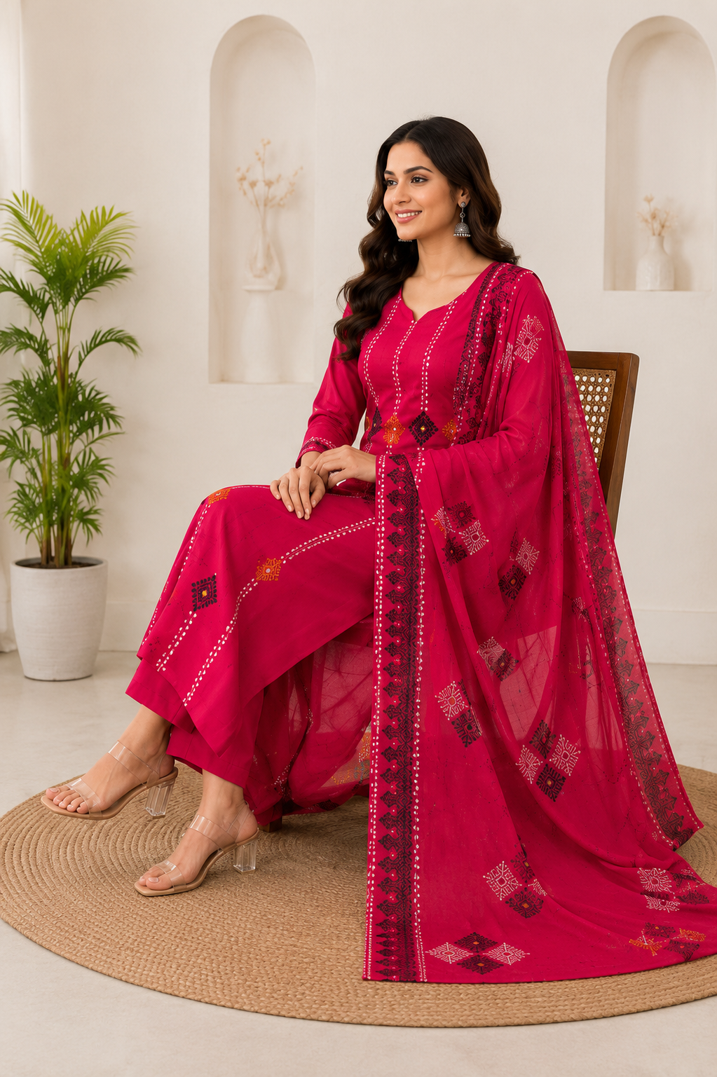 Attractive Rani Pink Pure Cotton Ethnic Suit Set with Hand Block Print Work