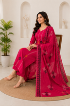 Attractive Rani Pink Pure Cotton Ethnic Suit Set with Hand Block Print Work