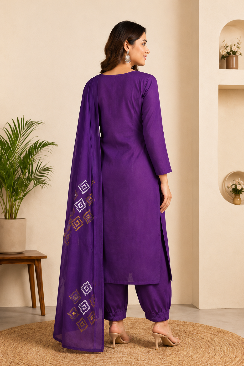 Elegant Royal Purple Pure Cotton Suit Set With Mirror Hand Work