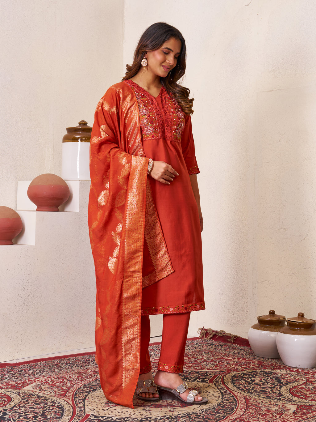 Beautiful Orange Roman Silk Embroidered Kurti Pant Dupatta Set
