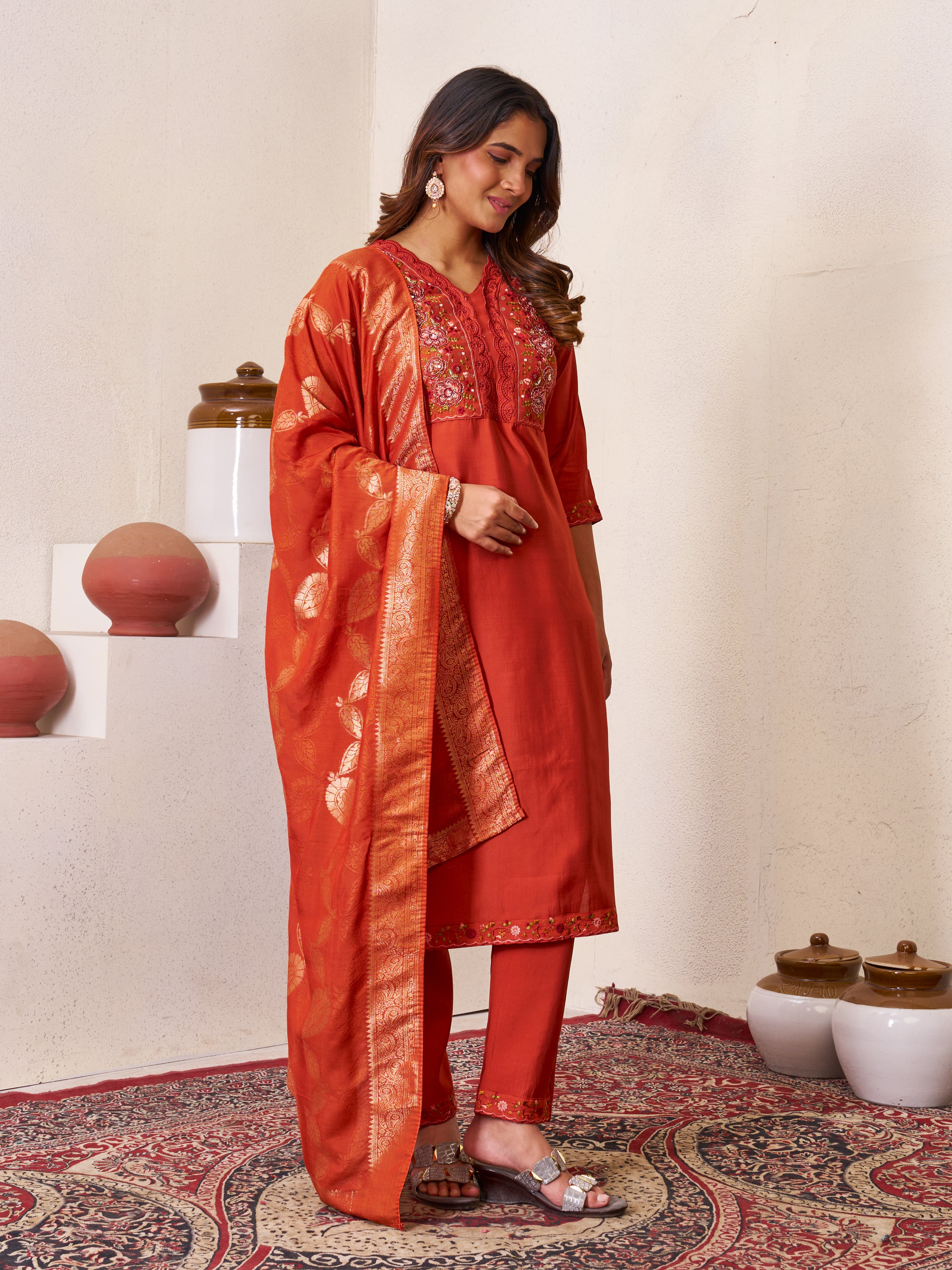 Beautiful Orange Roman Silk Embroidered Kurti Pant Dupatta Set
