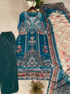 Elegant Teal Blue Chinon Printed Suit Set with Real Mirror Work