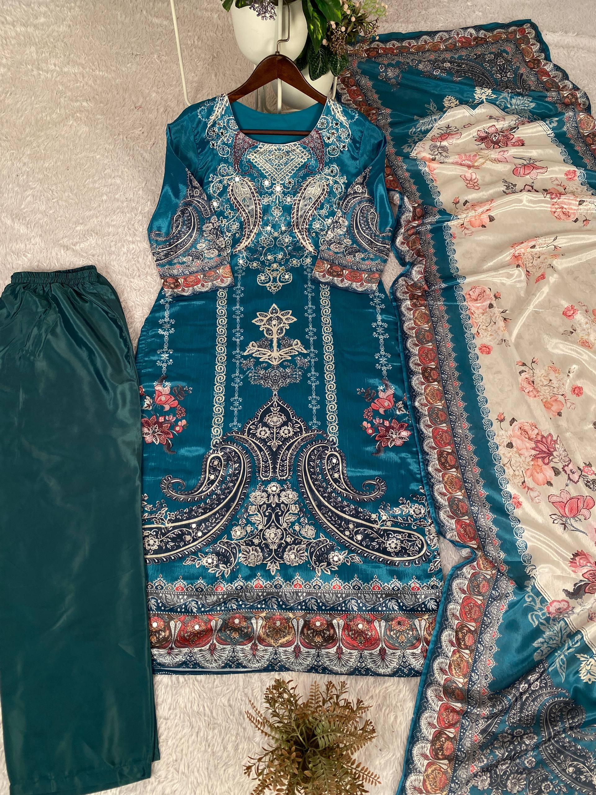 Elegant Teal Blue Chinon Printed Suit Set with Real Mirror Work